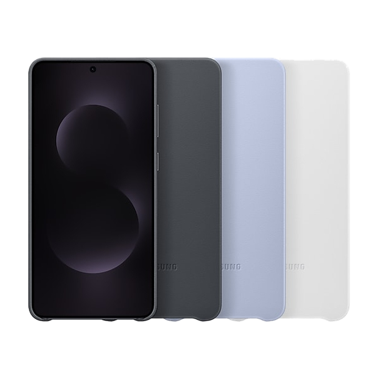Un teléfono inteligente con una pantalla negra junto a tres fundas de diferentes colores.