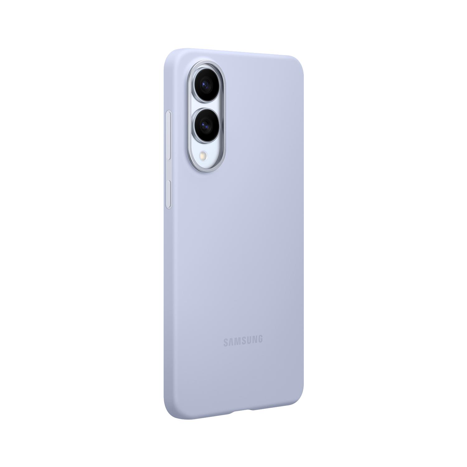Una funda de teléfono morada clara con dos lentes de cámara y el logo de Samsung.