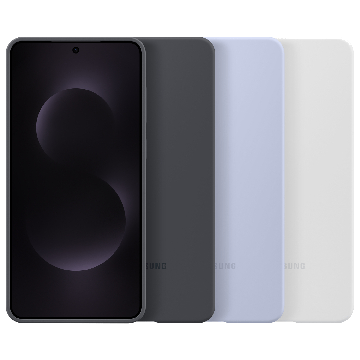Un teléfono inteligente con una pantalla negra junto a tres fundas de diferentes colores.