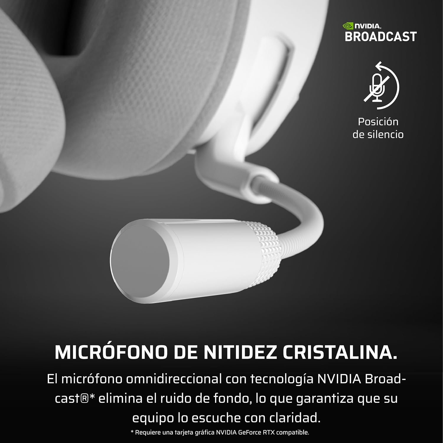 Primer plano de un micrófono blanco en unos auriculares. El texto dice: Micrófono con nitidez cristalina.