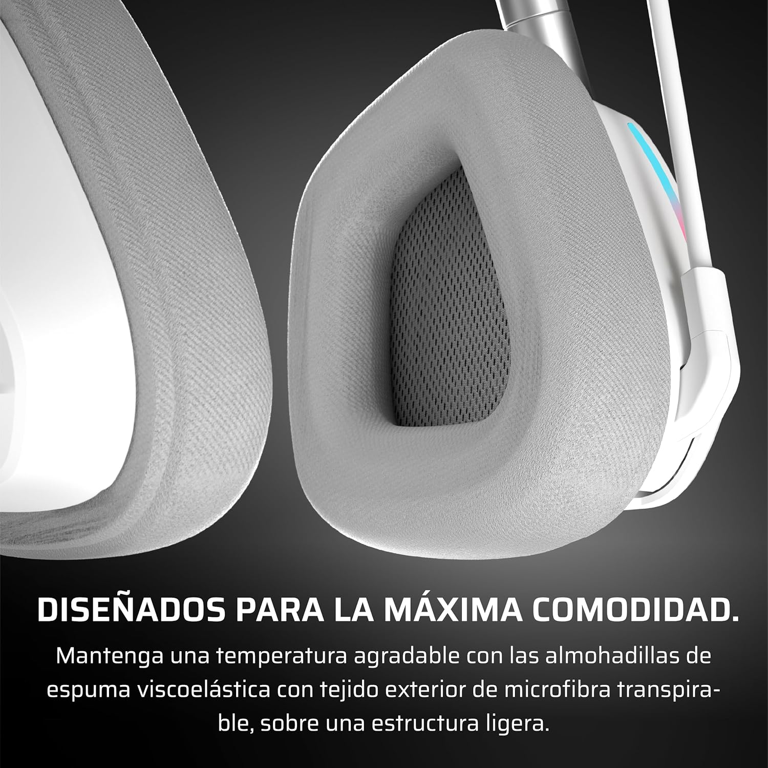 Primer plano de los auriculares. El texto describe el diseño para la máxima comodidad. El fondo es gris.