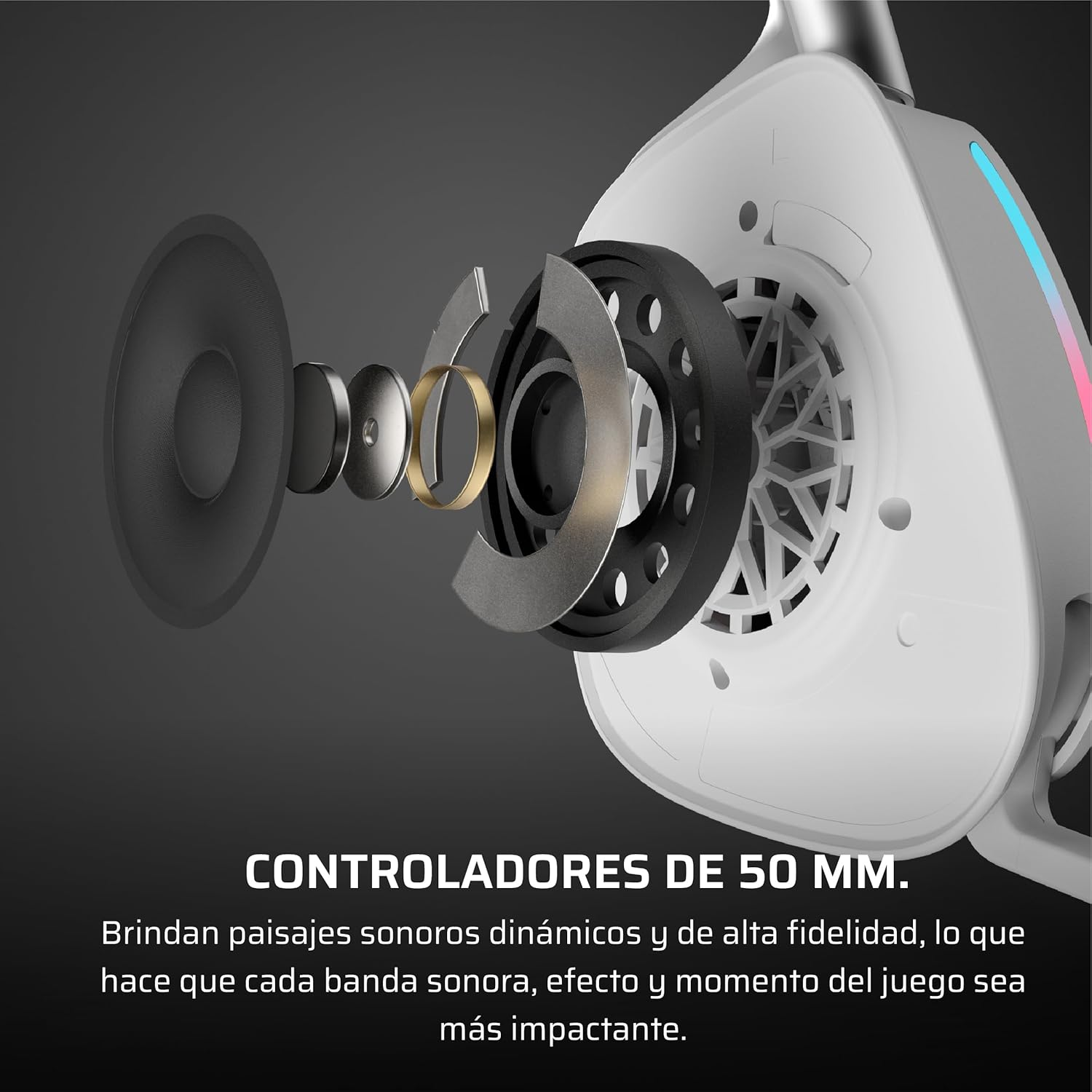 Vista explosionada de unos auriculares. El texto dice: CONTROLADORES DE 50 MM. Ofrece paisajes sonoros dinámicos.