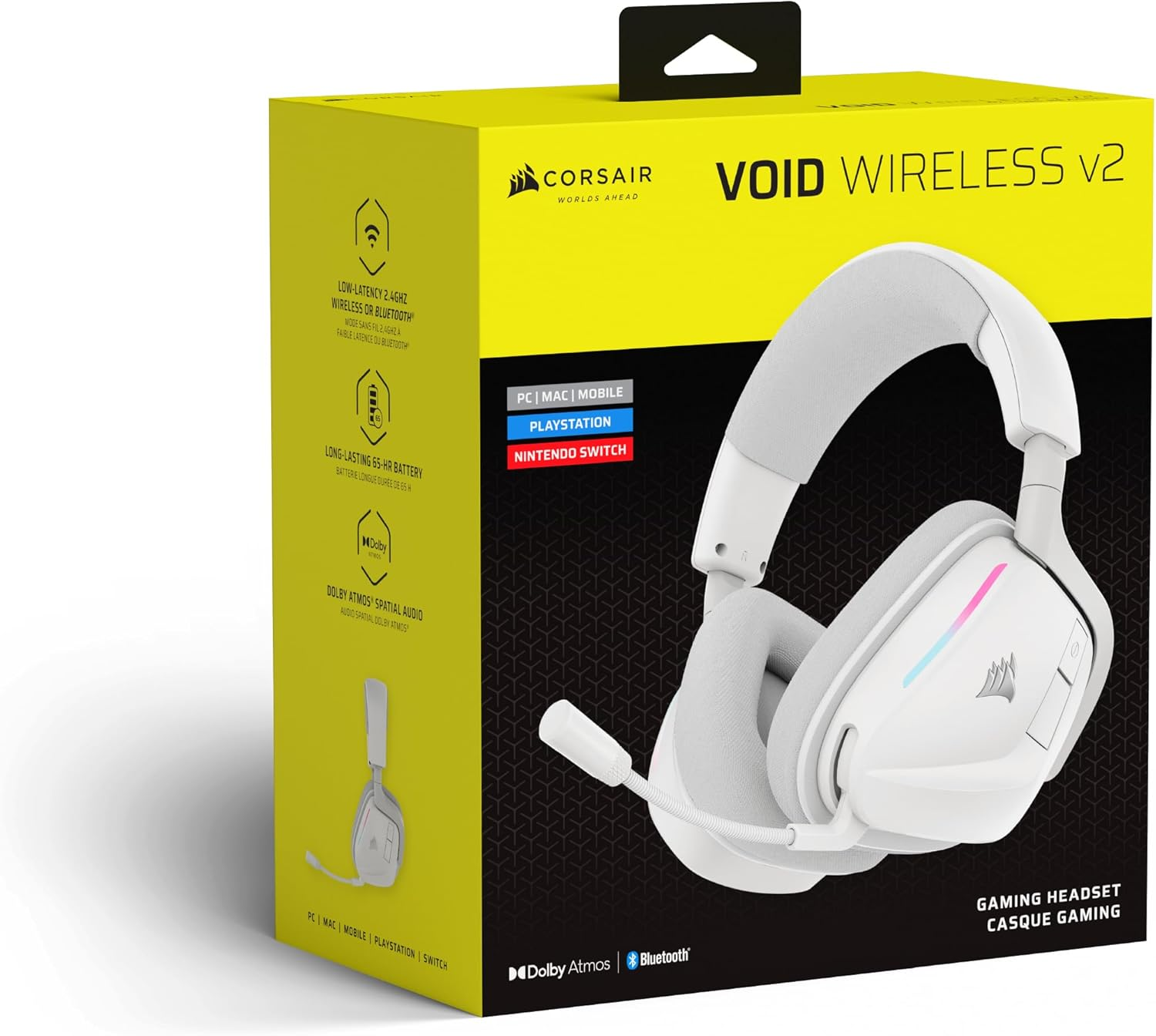Una caja de auriculares blanca y amarilla. El texto dice: VOID WIRELESS V2. Muestra los auriculares y sus funciones.