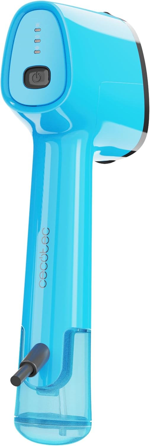 Vaporizador de ropa azul de mano. Marca 'ceciltec'. Botones y luces visibles.
