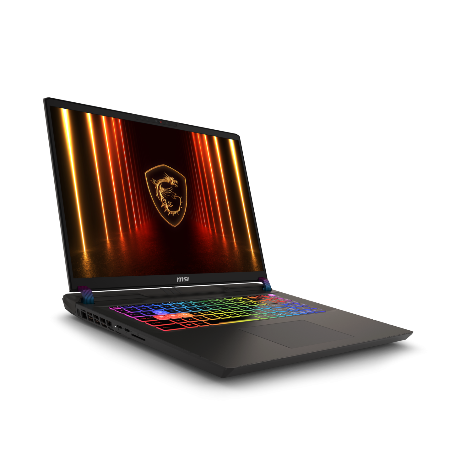 Laptop open, angled view, dark gray. Lit screen. MSI logo. Black background.