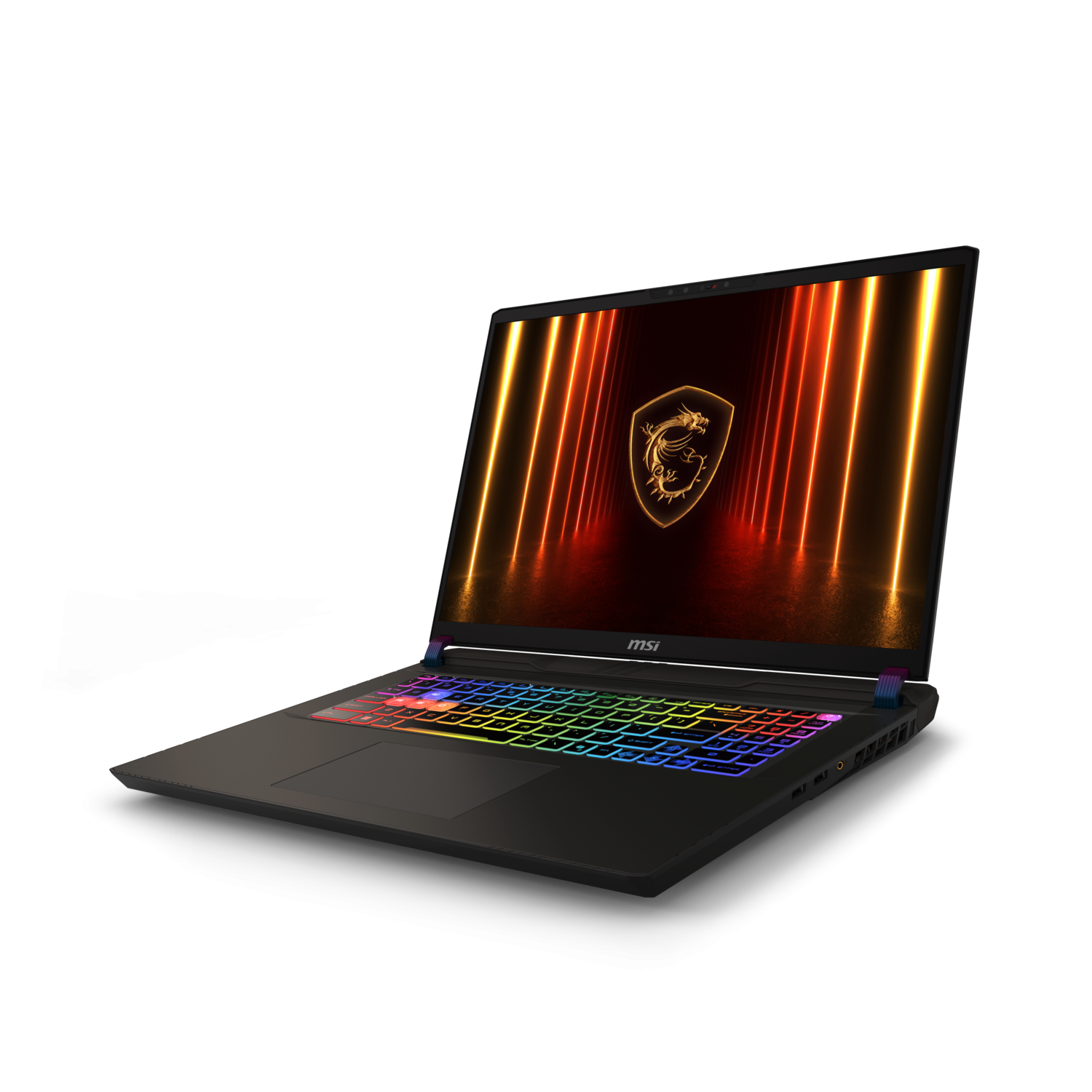 Laptop open, angled view, dark gray. Lit screen. MSI logo. Black background.