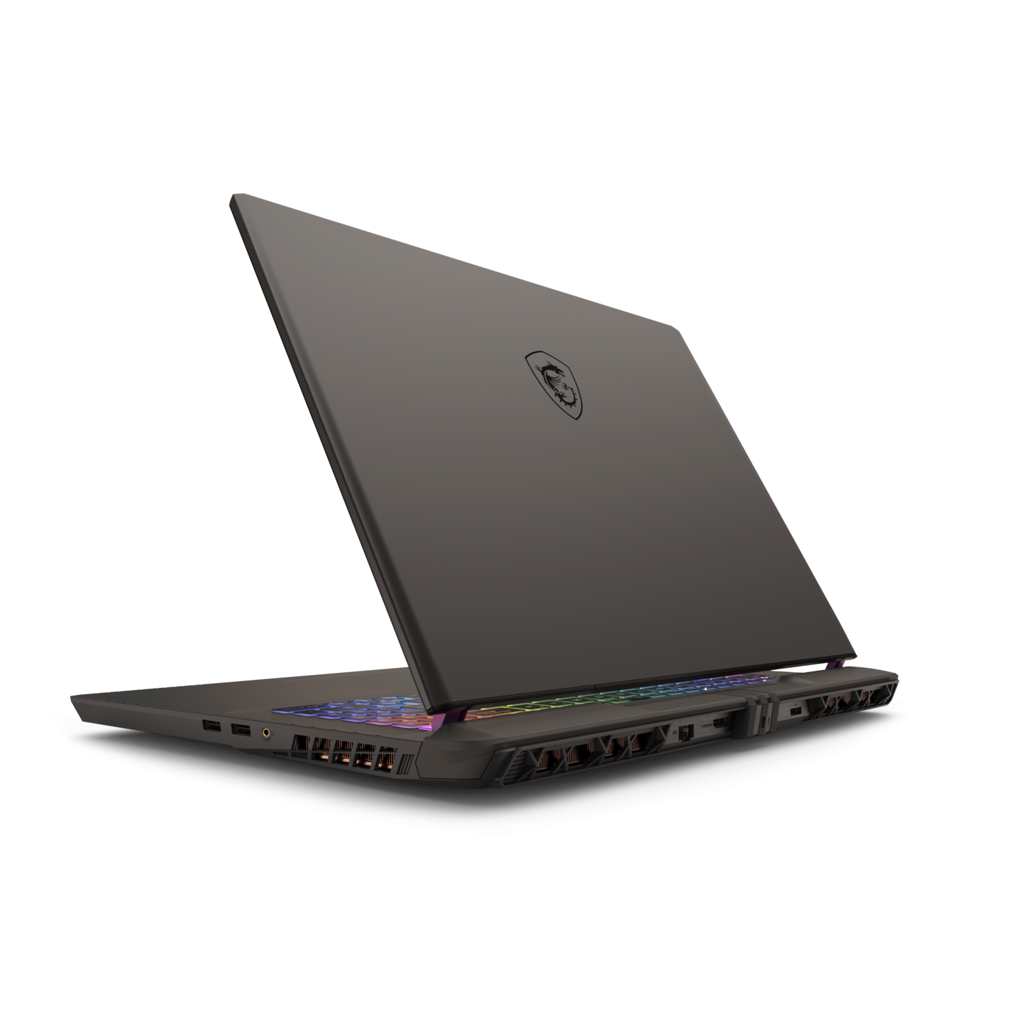 Laptop open, angled view, dark gray. Back shows logo. Keyboard lit up with colors.