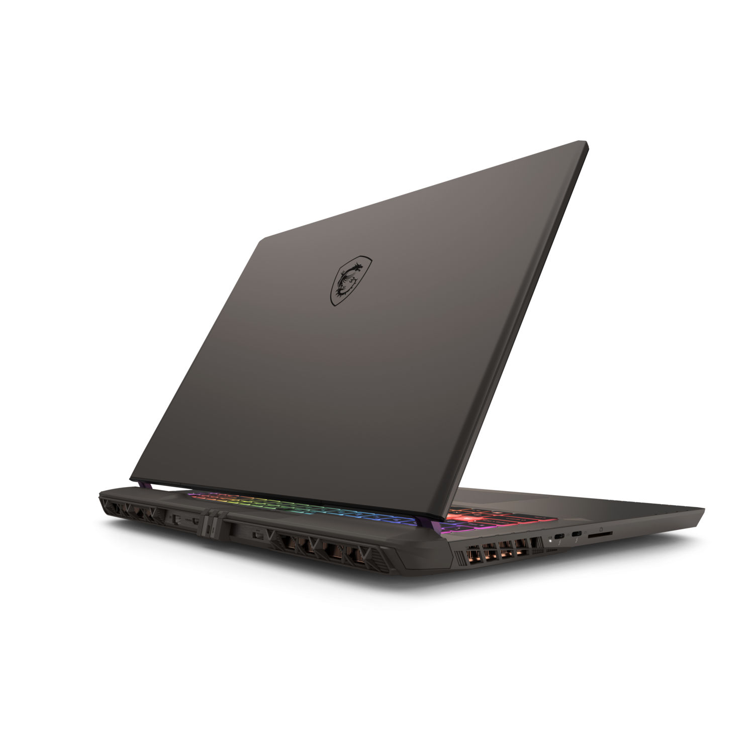 Laptop open, angled view, dark gray. Back shows logo. Keyboard lit up with colors.