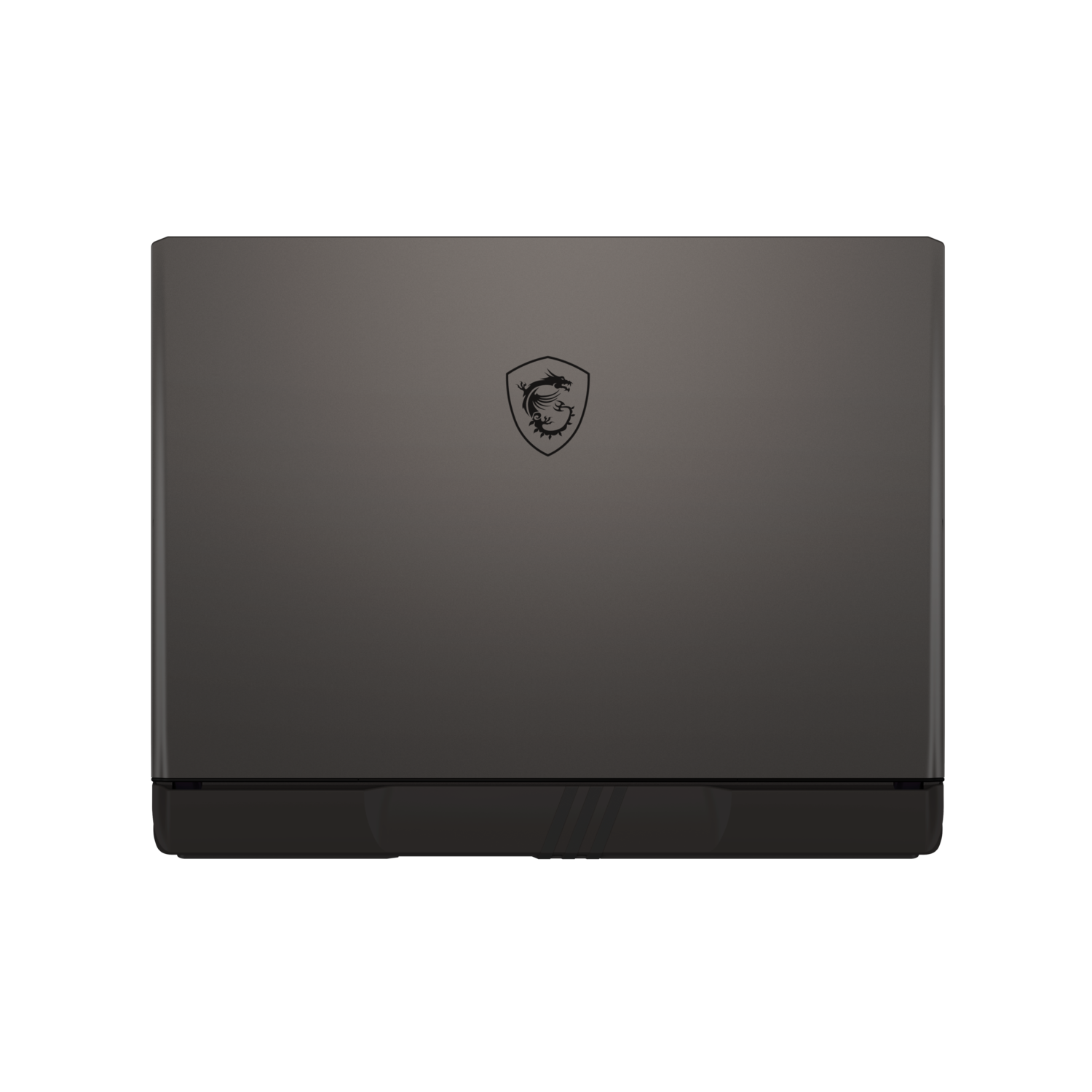 Laptop closed, top view, dark gray. Logo on back. Black background.