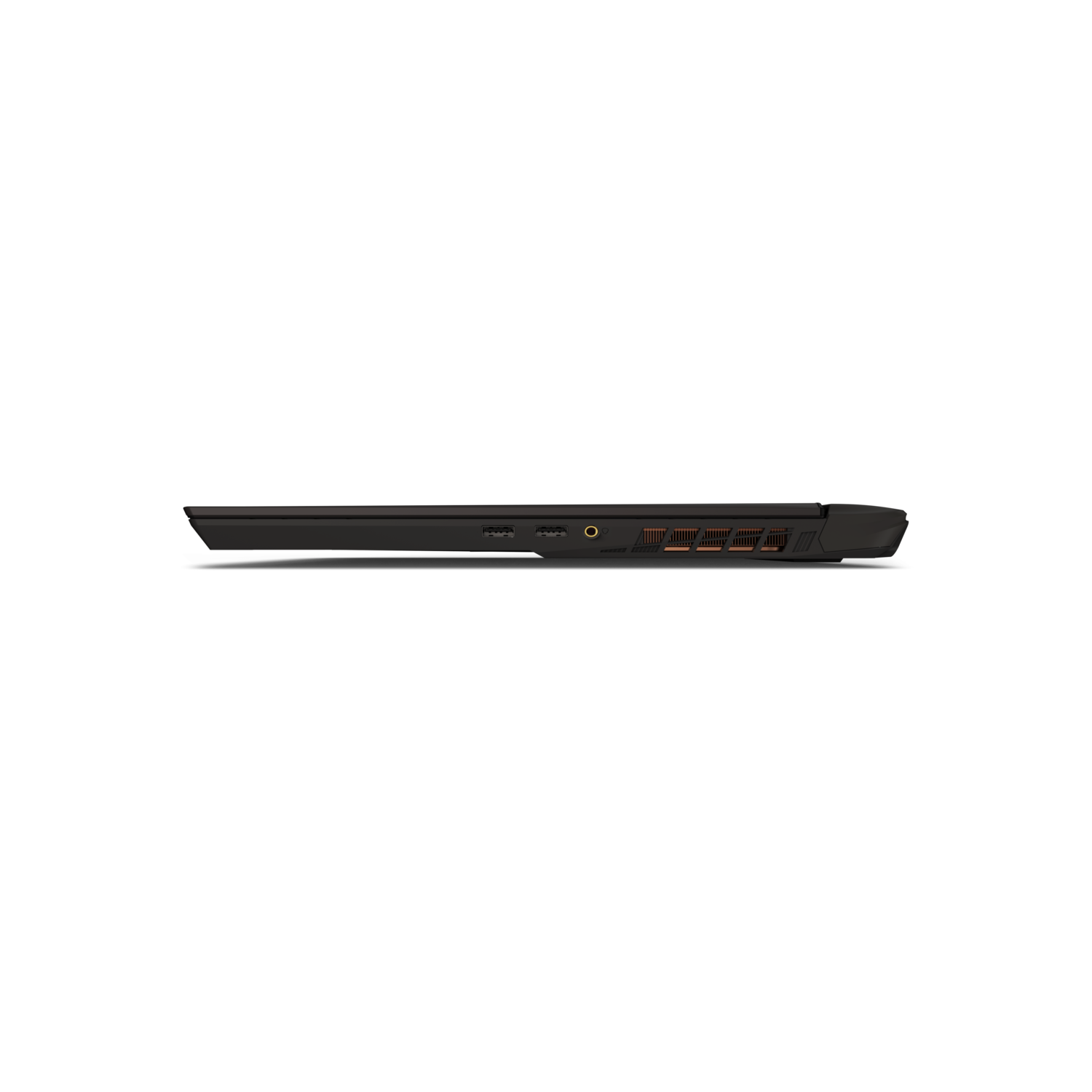 Laptop side view, dark gray. Ports visible. Black background.
