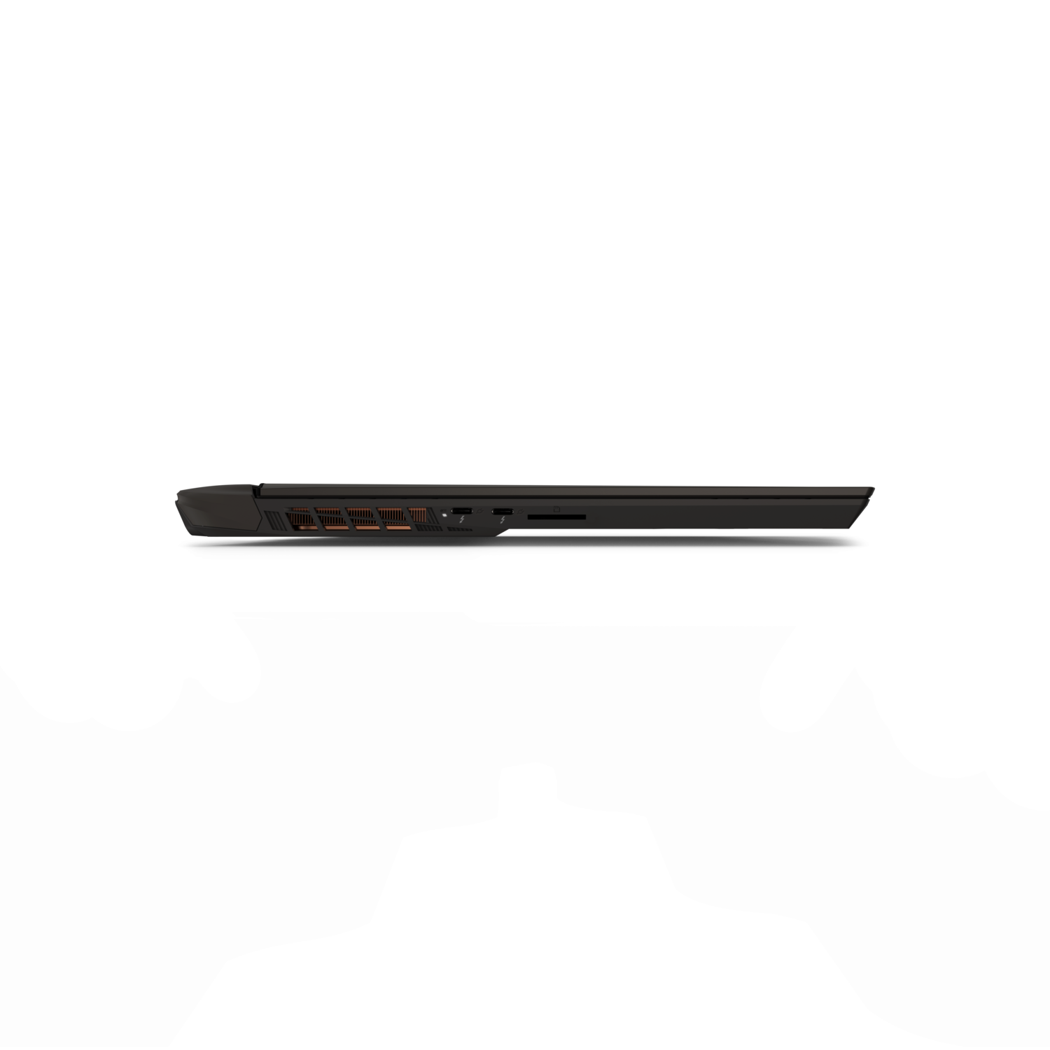 Laptop side view, dark gray. Ports visible. Black background.