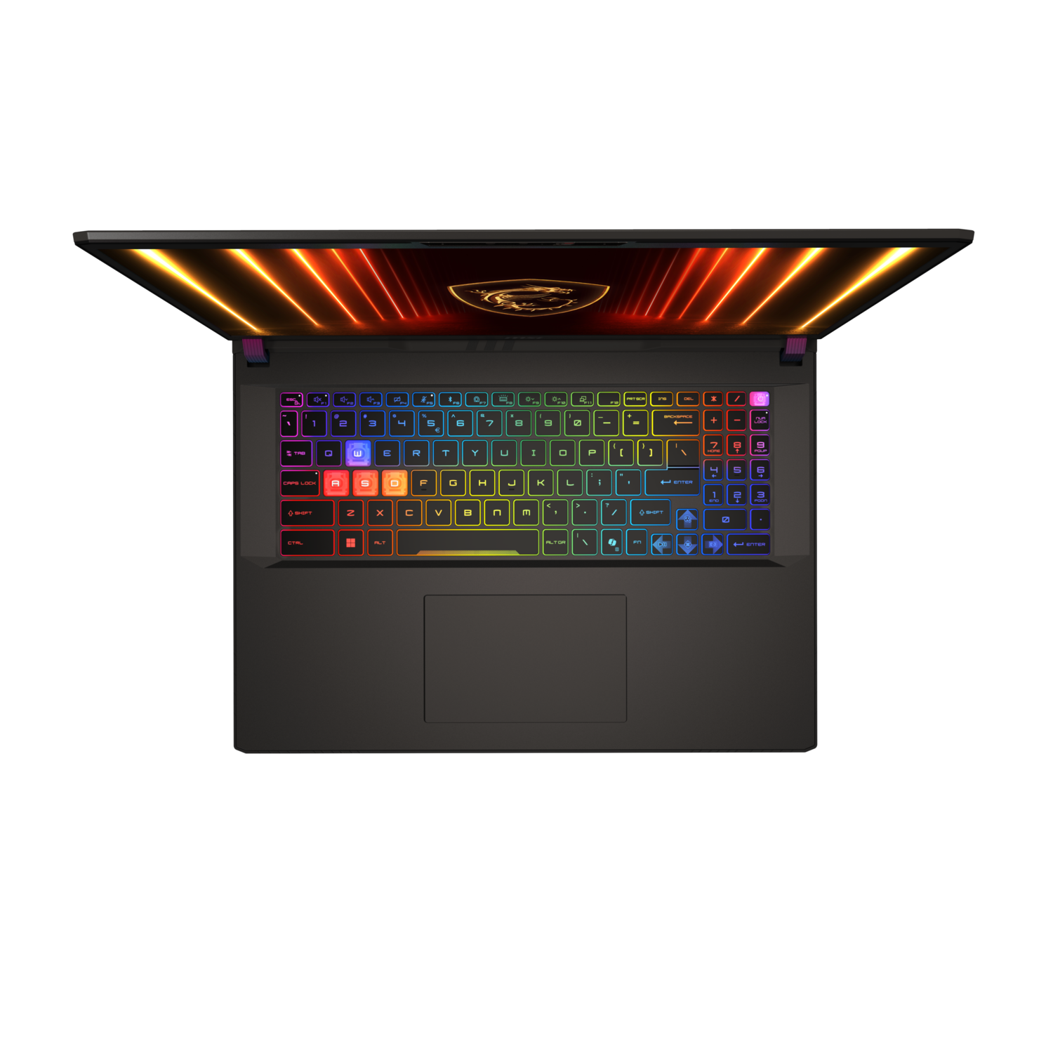 Top view of a black laptop with backlit keyboard. Screen shows a gold dragon logo.