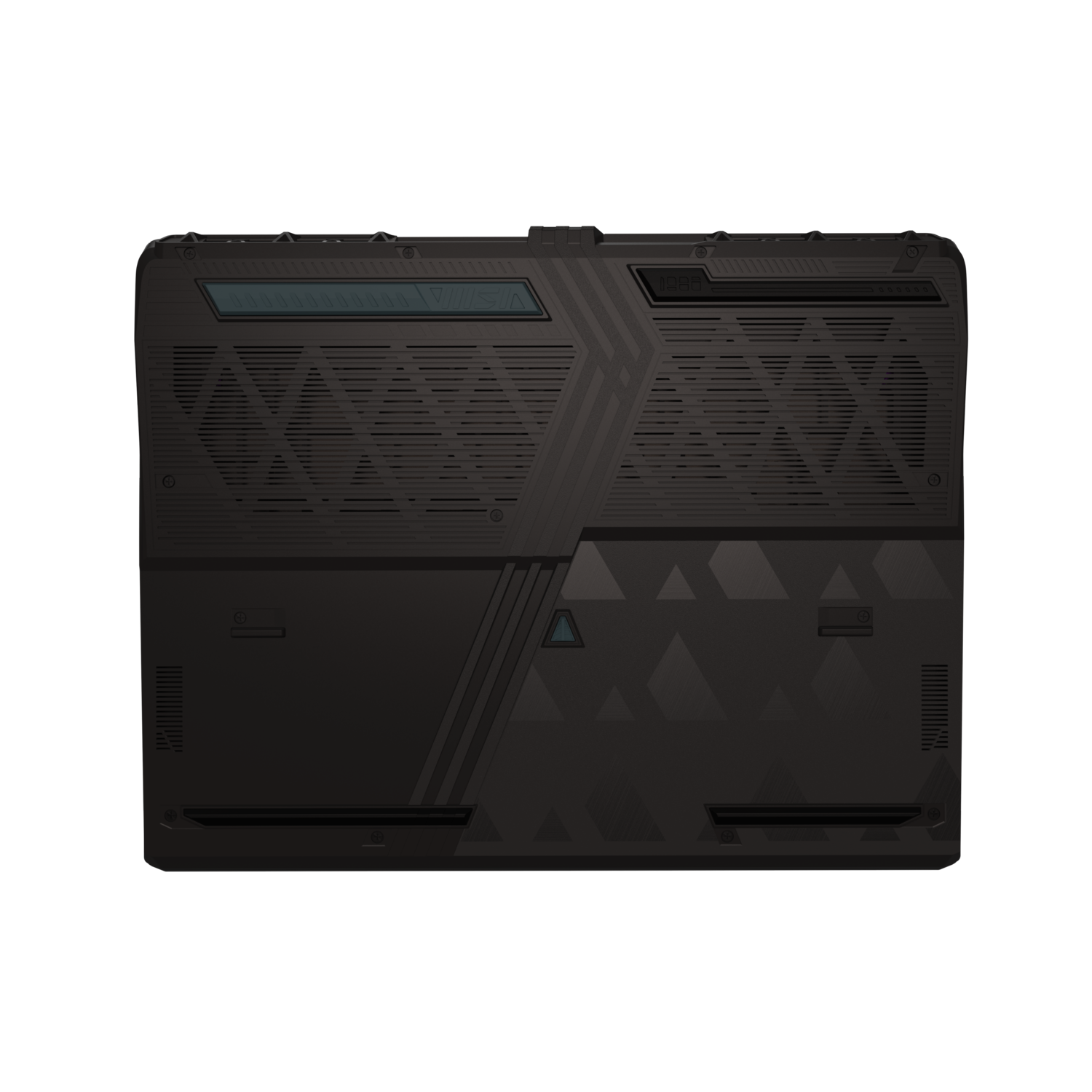 Bottom view of a black laptop with ventilation and geometric patterns. Text 'VECTOR' is visible.