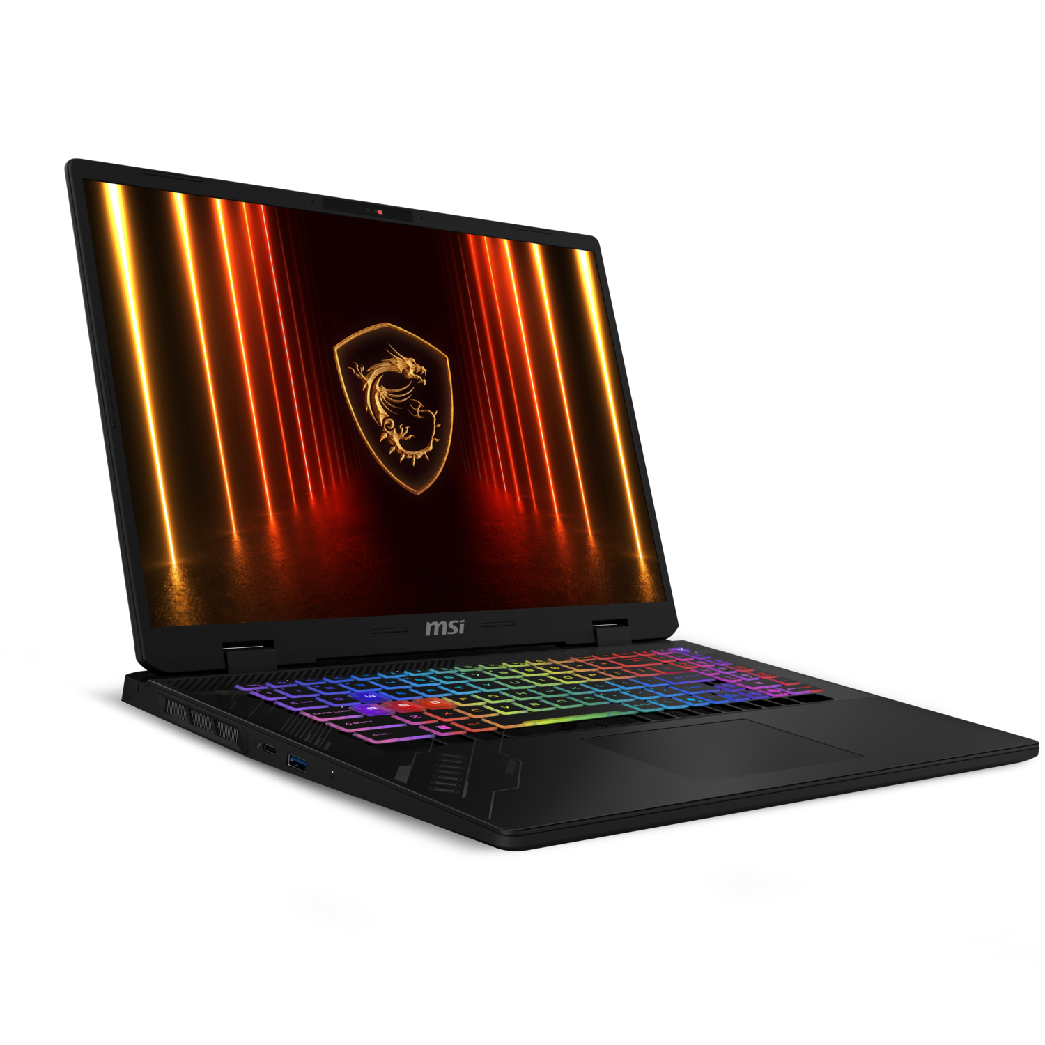 Black laptop, open, angled view, screen with dragon logo, MSI logo.