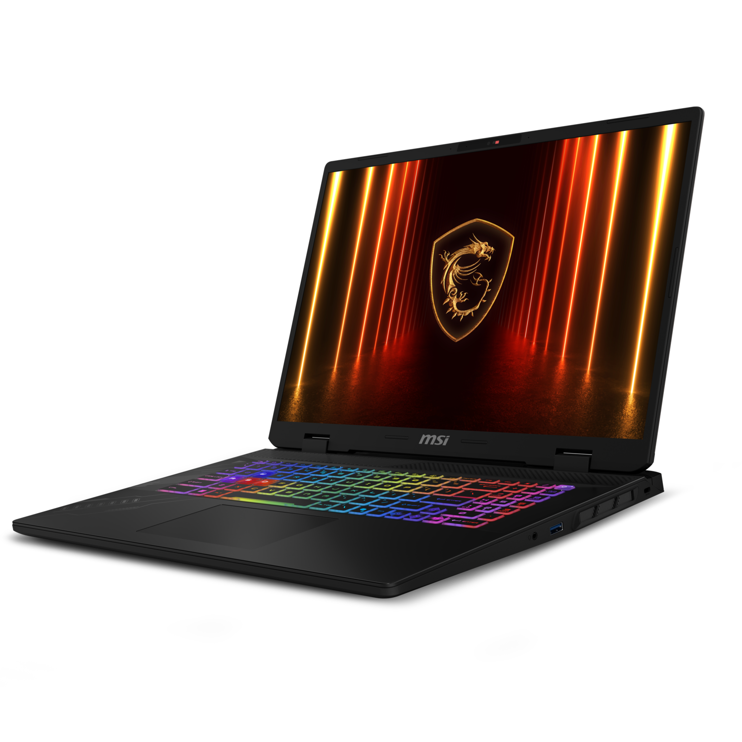 Black laptop, open, angled view, screen with dragon logo, MSI logo.