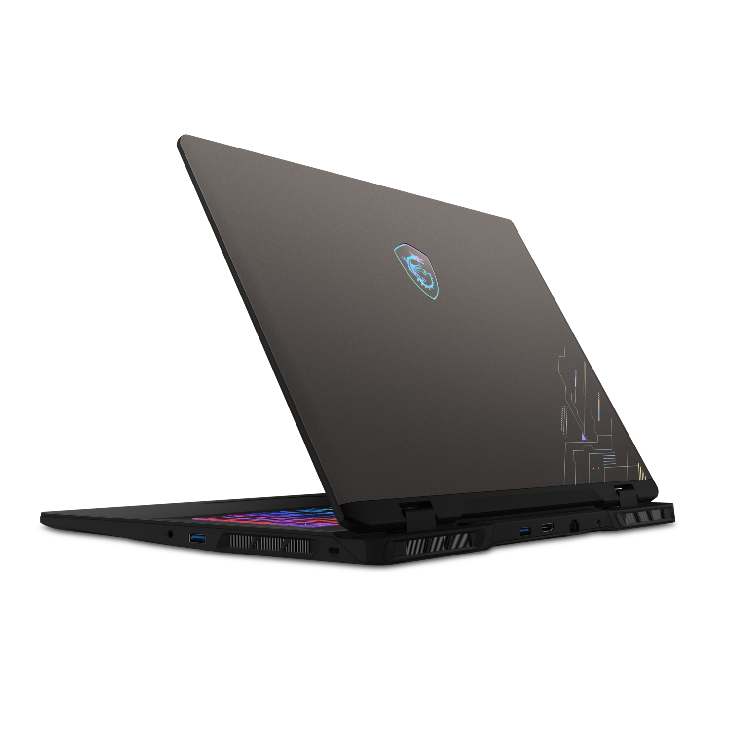 Black laptop, slightly open, with a glowing logo and design on the lid. The screen is black.