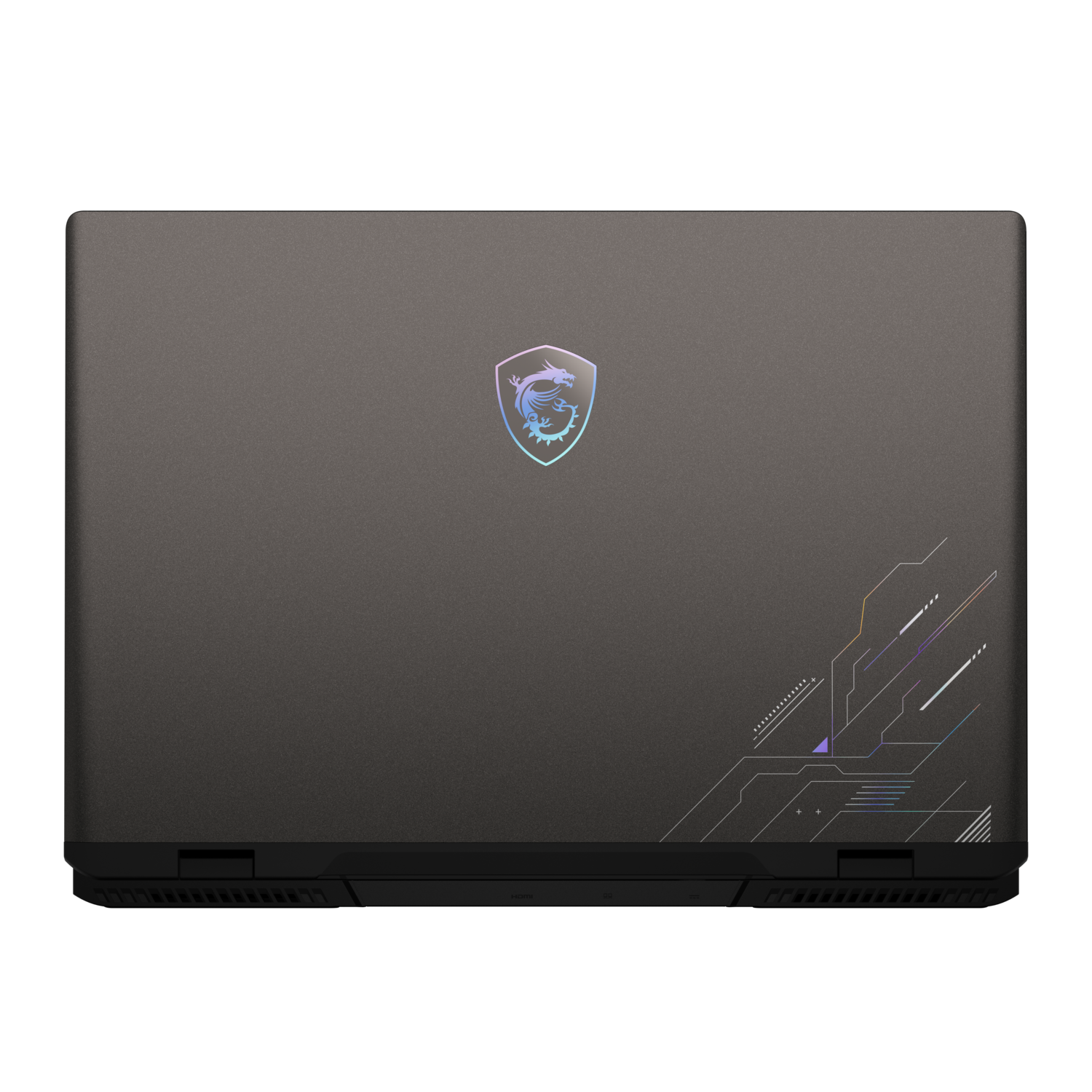 Top view of a closed black laptop.  A glowing logo is centered on the lid.