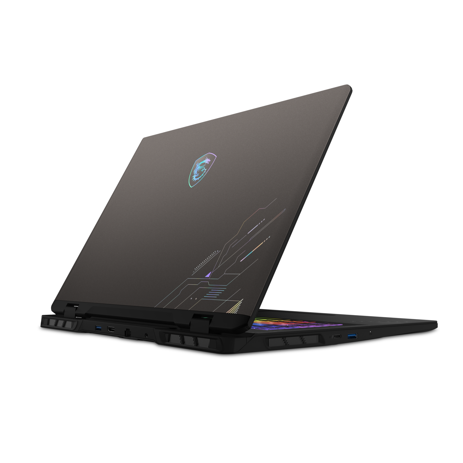 Black laptop, open at an angle, with glowing design on the lid and colorful keyboard visible.