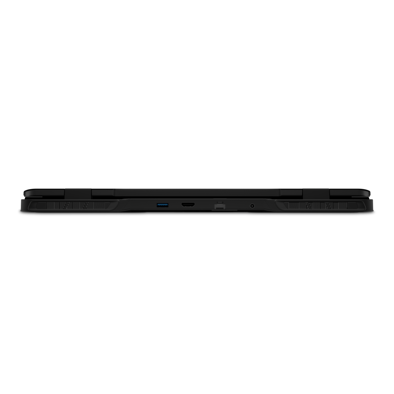 A black laptop's side view. USB ports, and ventilation are visible.