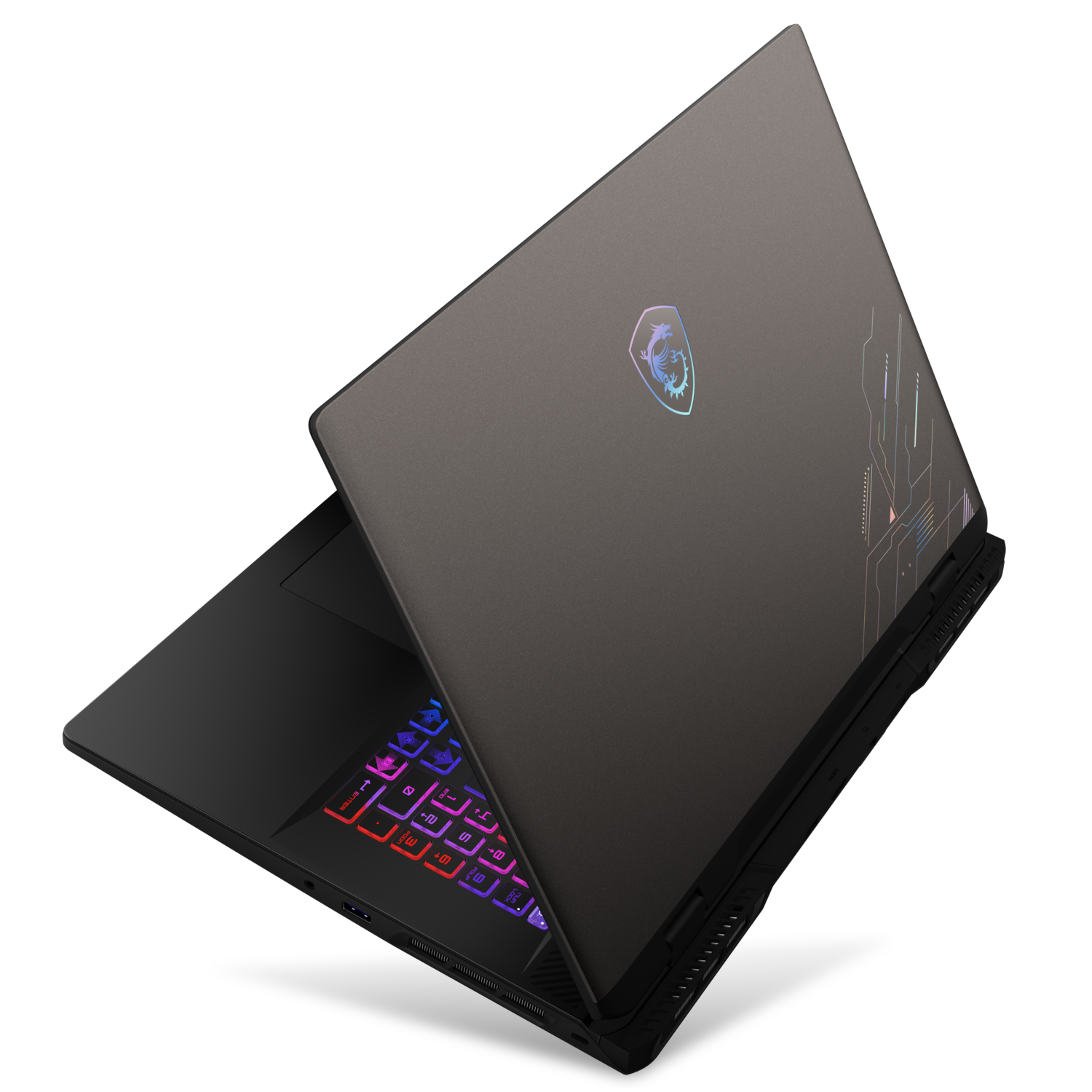 Black laptop open at an angle, colorful keyboard visible, glowing logo on lid.