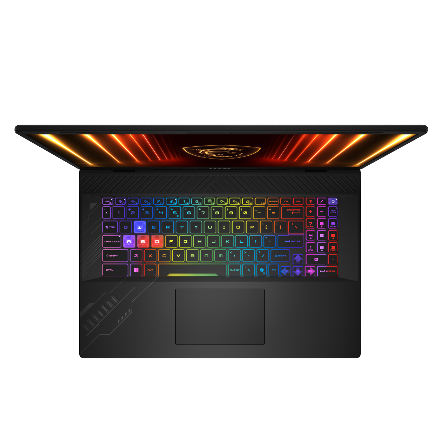 Top view of a black laptop with a colorful lit keyboard and glowing screen.