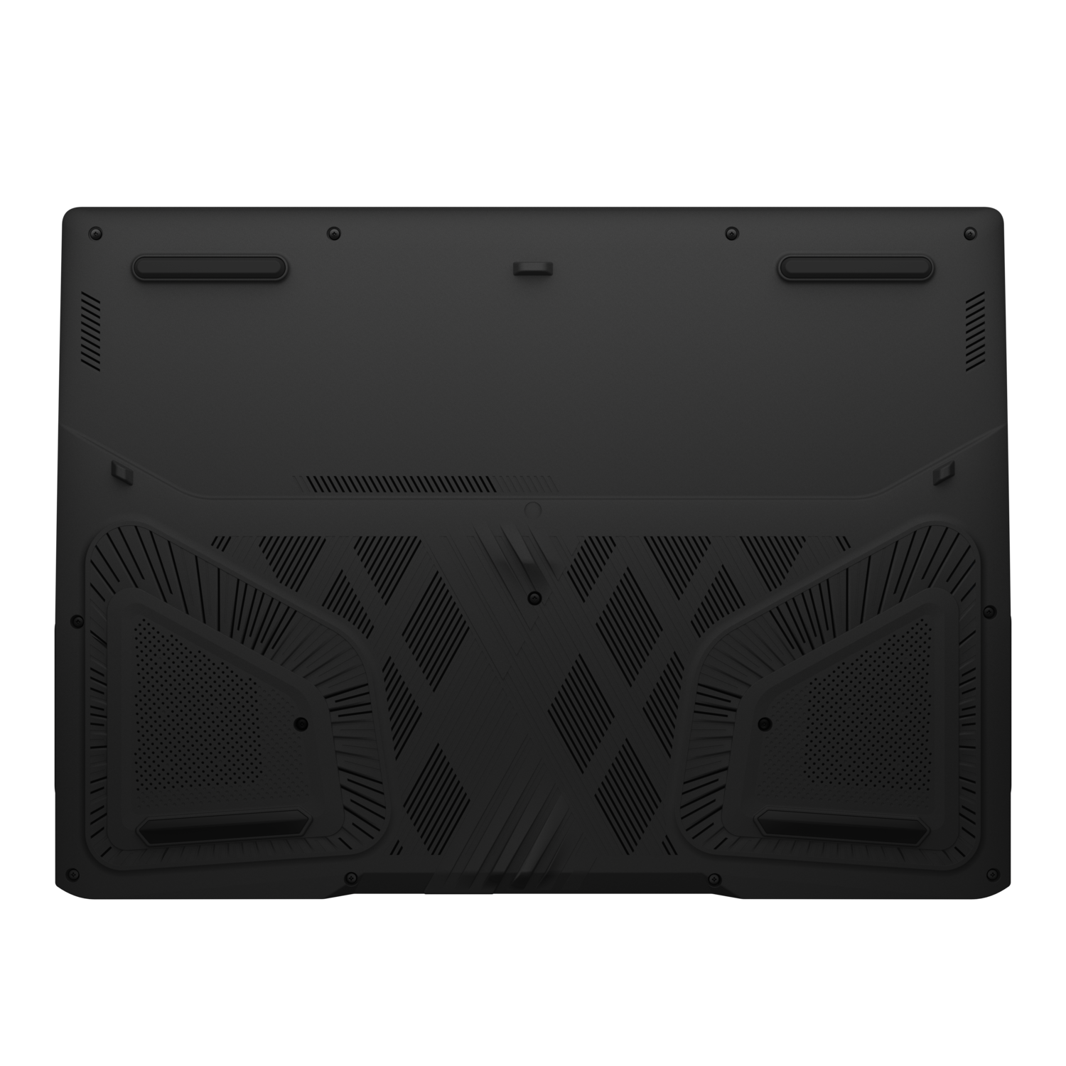 Underside of a black laptop. Vents, screws, and rubber feet are visible.