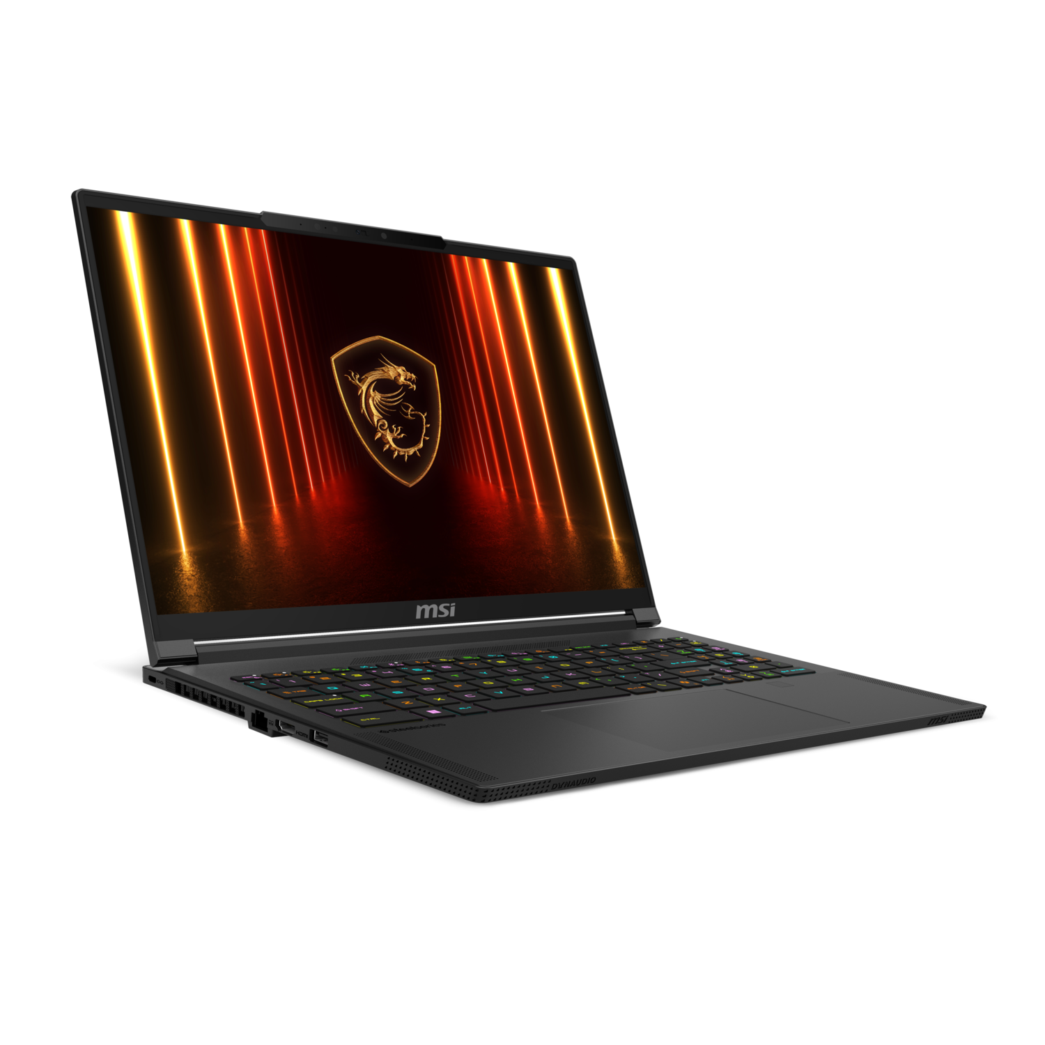 Black laptop, angled, screen on. Black background.