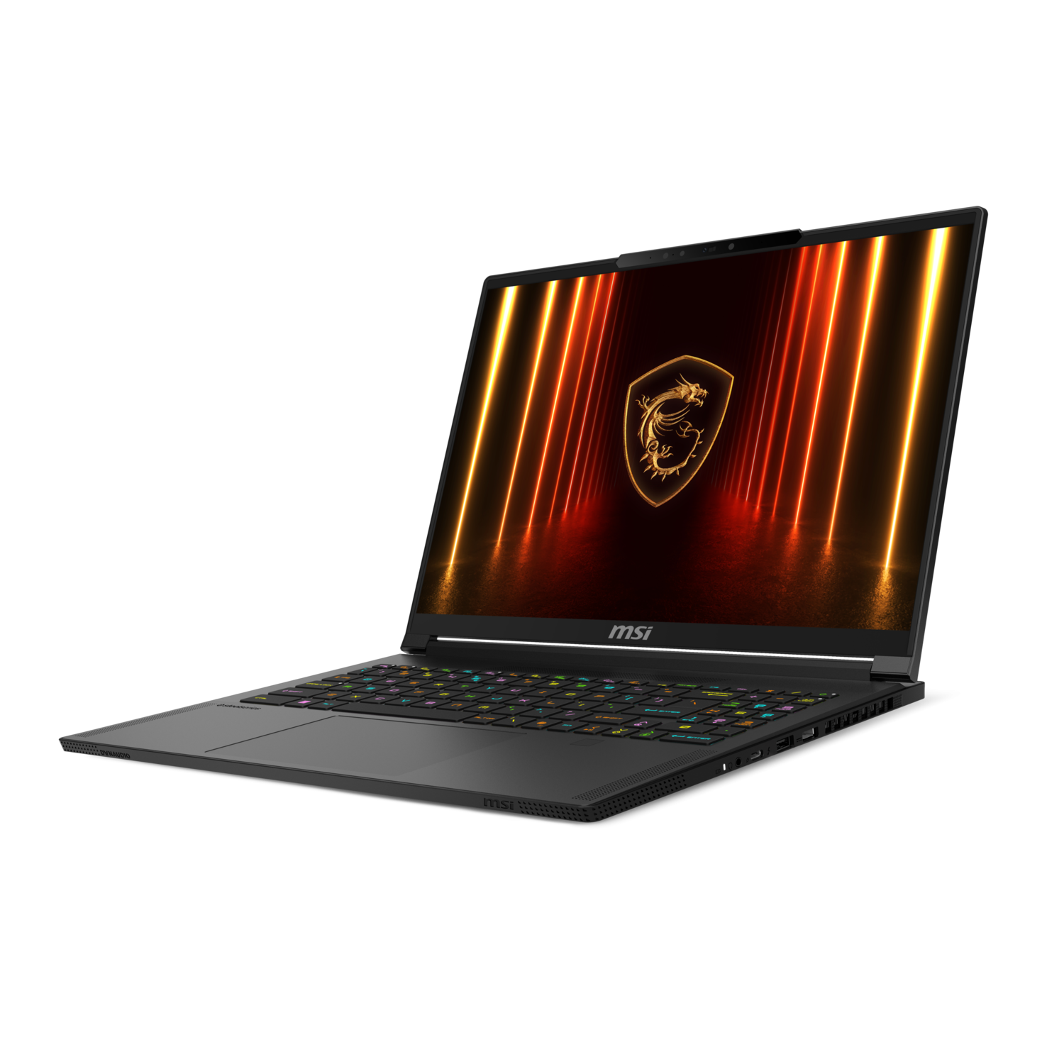Black laptop, lit screen showing logo, keyboard visible. Black background.