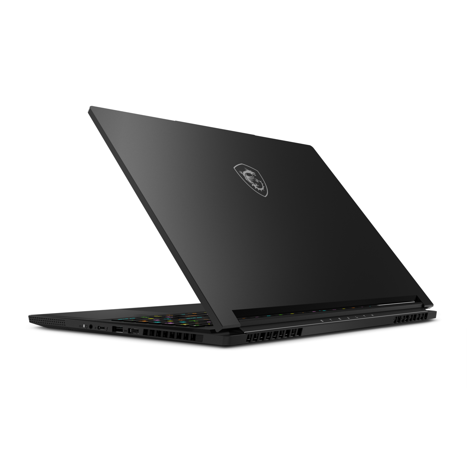 Black laptop, top angle view, showing the back. Black background.