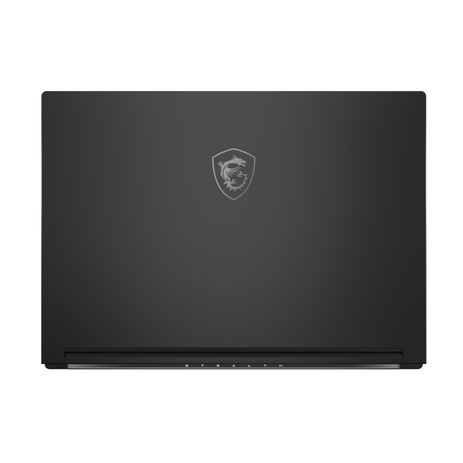 Black laptop, closed, top view. Logo visible. Black background.