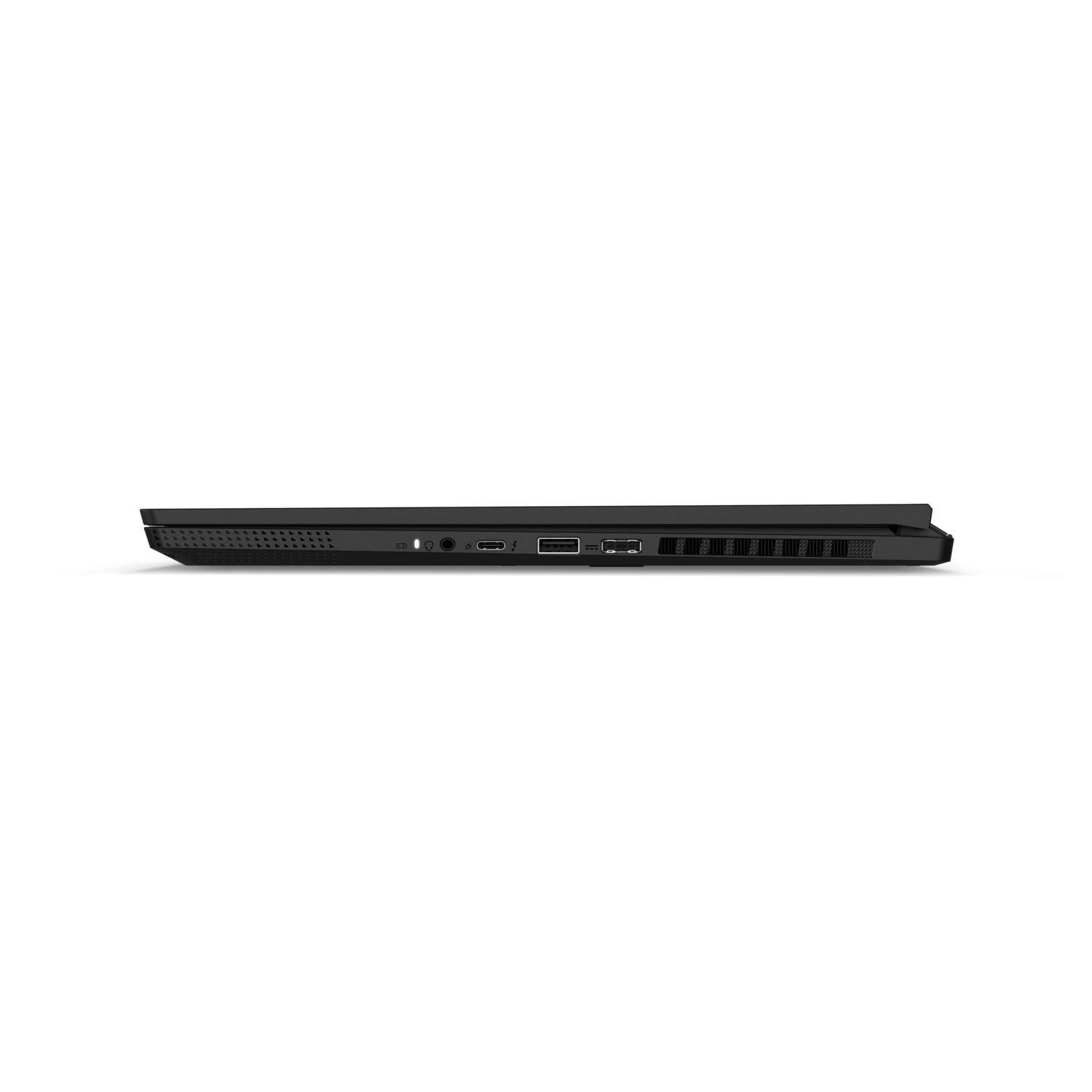 Black laptop side view. Ports visible. Dark background.