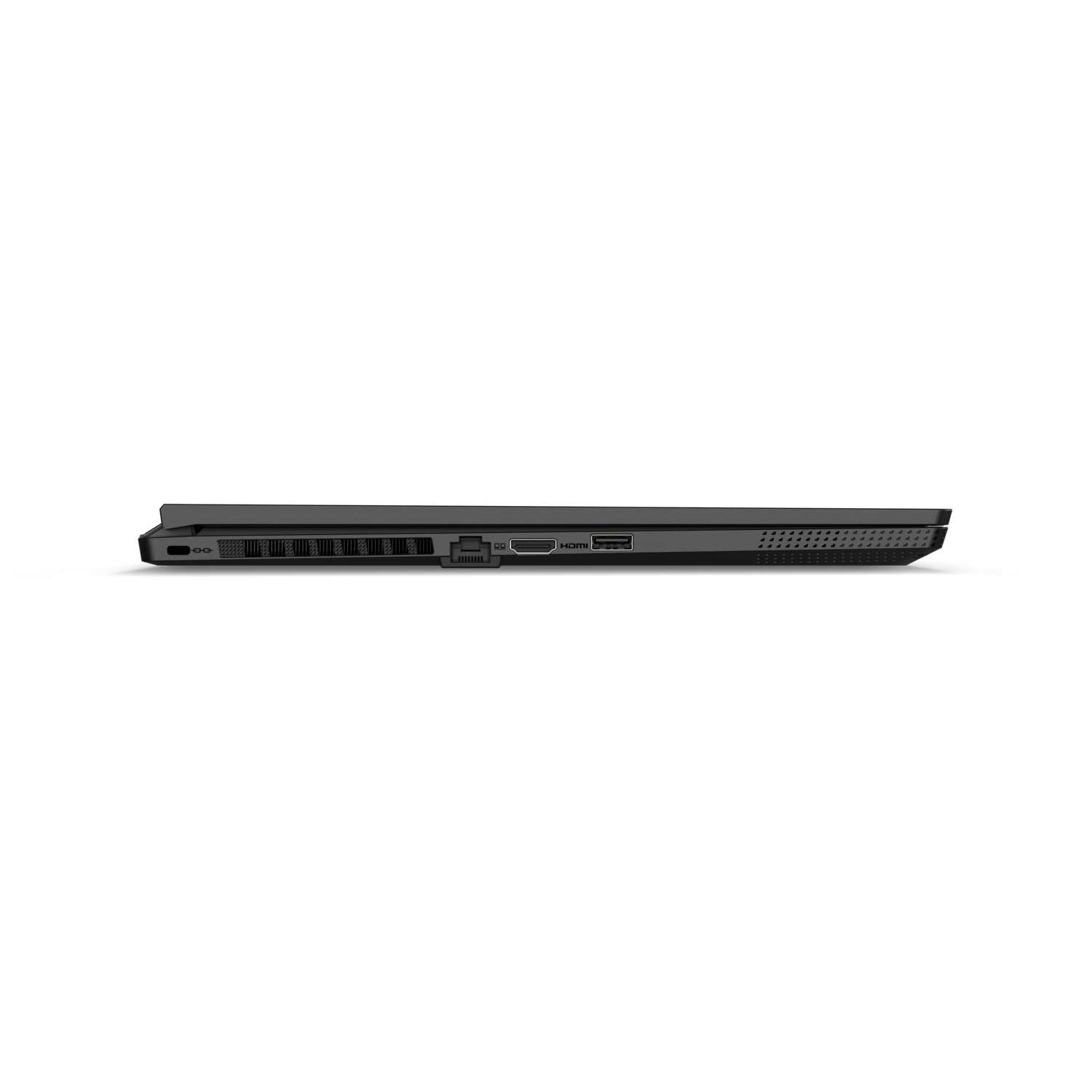 Side view of a black laptop. Ports are visible. Dark background.
