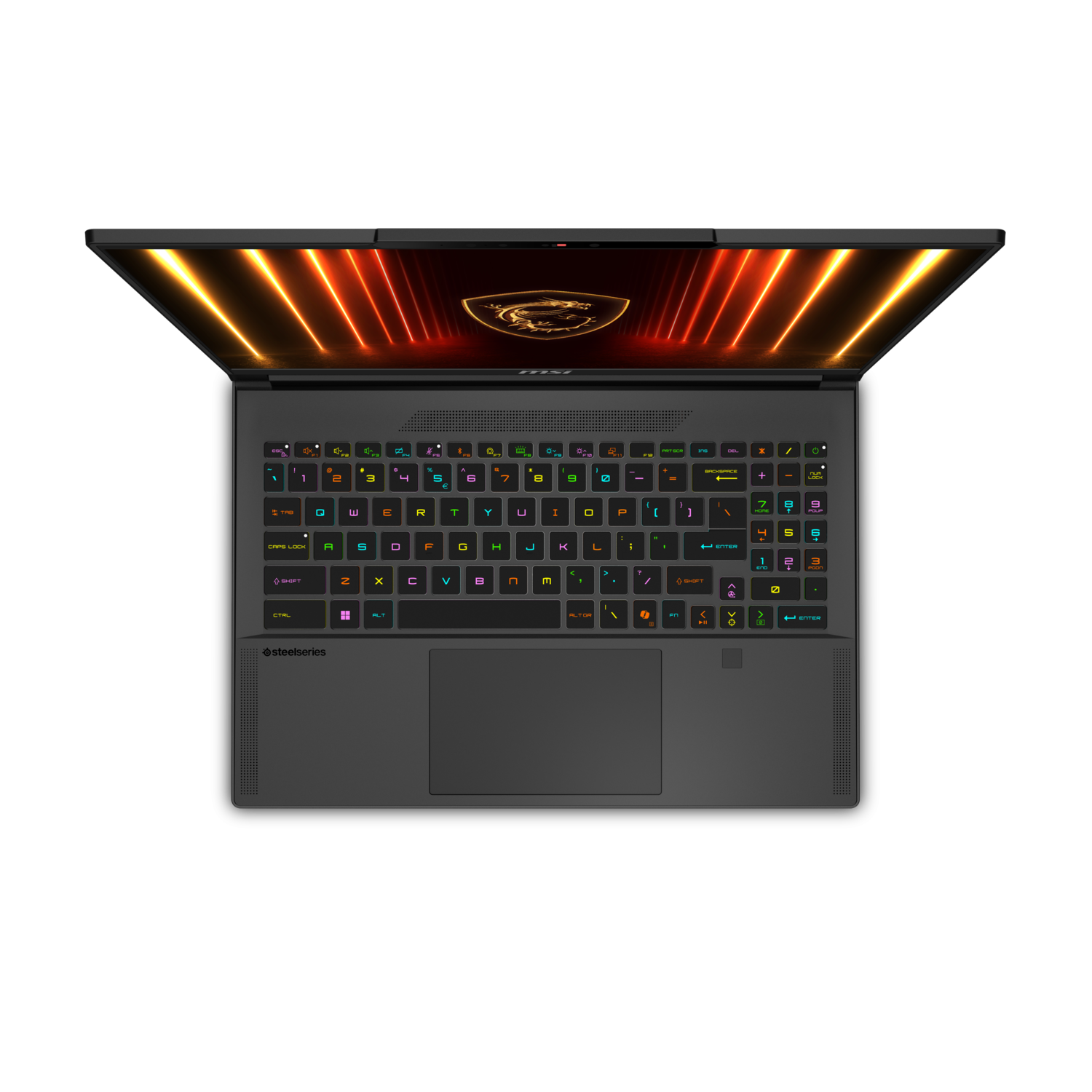 Open black laptop, keyboard lit. MSI logo. Dark background.