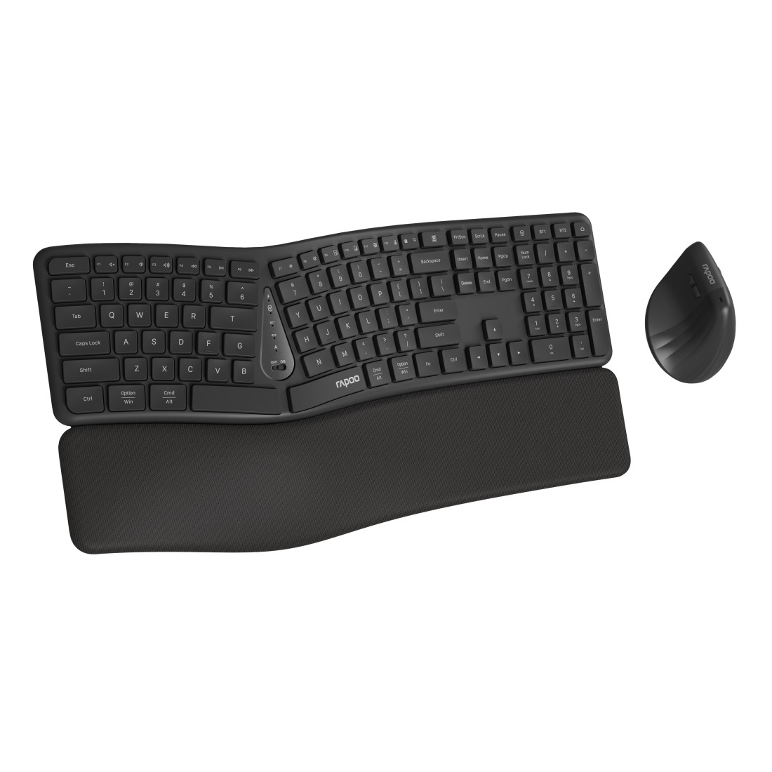 Schwarze ergonomische Tastatur mit Handballenauflage und vertikaler Maus.