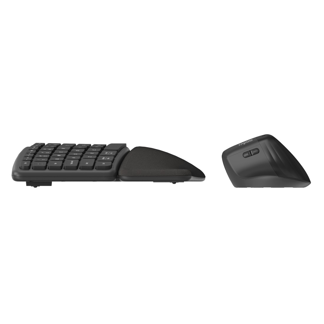 Schwarze ergonomische Tastatur, Handballenauflage und vertikale Maus, Seitenansicht.