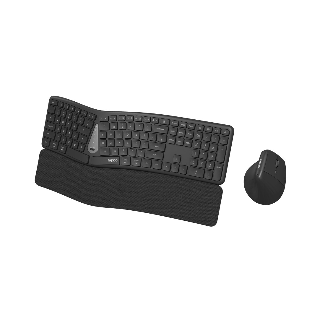 Schwarze ergonomische Tastatur mit Handballenauflage und vertikaler Maus.