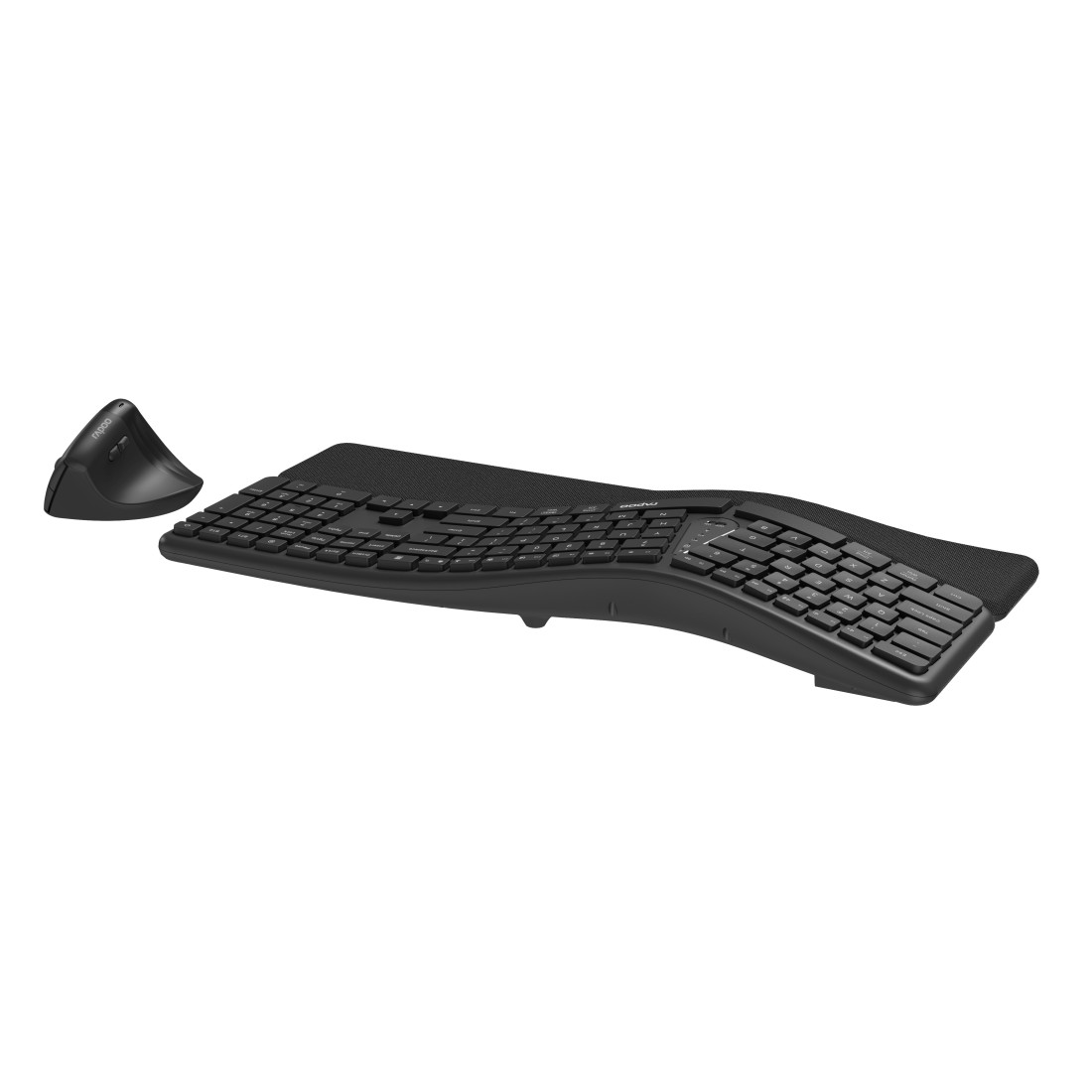 Schwarze ergonomische Tastatur mit Handballenauflage und vertikaler Maus.