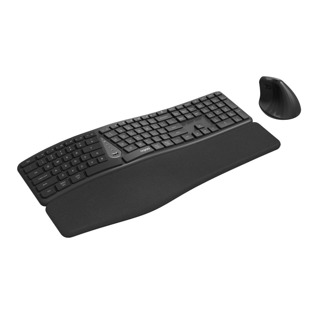 Schwarze ergonomische Tastatur mit Handballenauflage und vertikaler Maus.