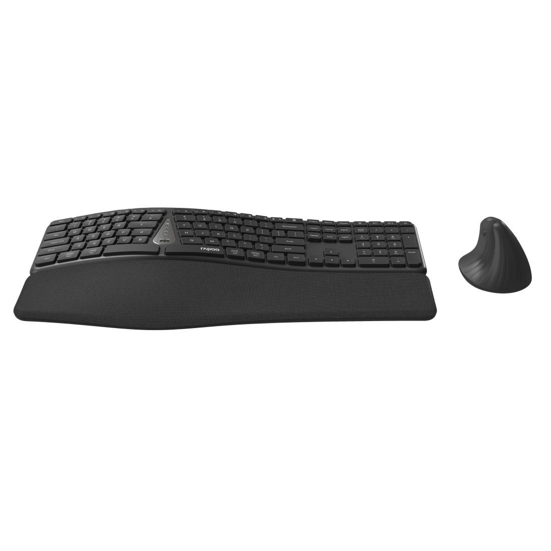 Schwarze ergonomische Tastatur mit Handballenauflage und vertikaler Maus.