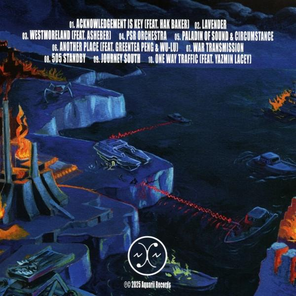 Albumcover hinten: Songtitel und Credits. Artwork zeigt Fantasielandschaft mit Booten und Eis.