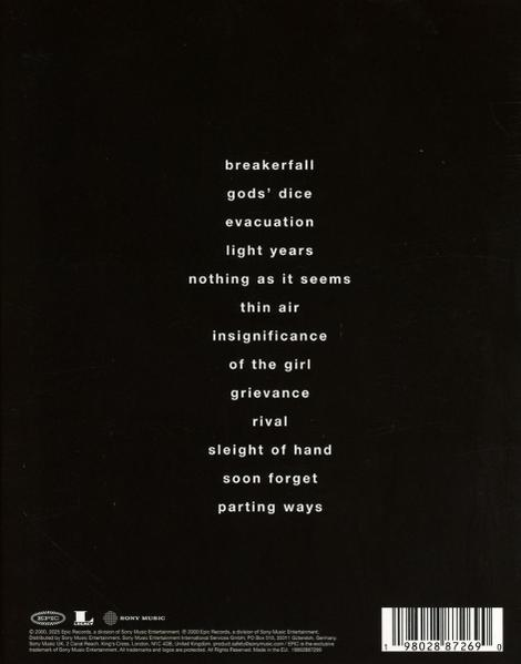 Albumcover mit schwarzem Hintergrund, weißer Text mit Songtiteln.