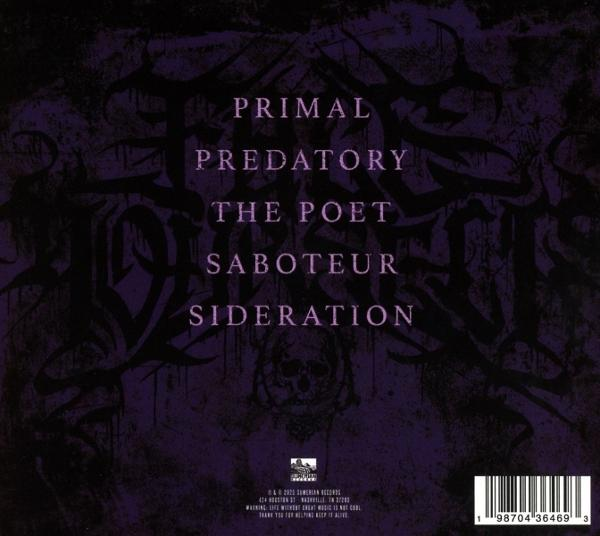 Albumcover mit stilisiertem Text: PRIMAL PREDATORY, THE POET, SABOTEUR, SIDERATION und einem Totenkopf.