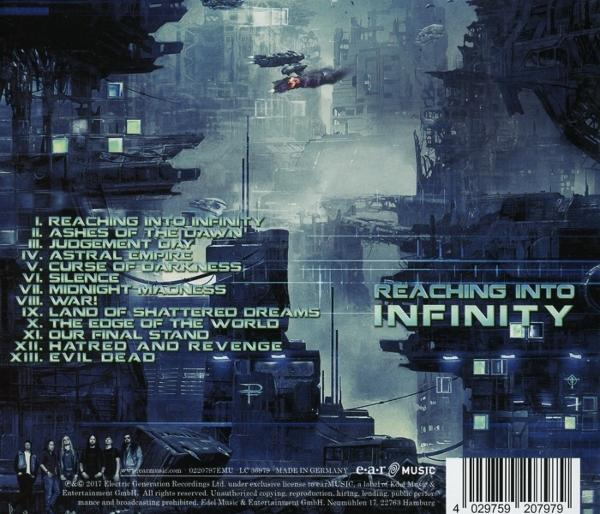 Albumcover für 'Reaching into Infinity'. Sci-Fi-Thema mit Stadtlandschaften und Luftschiffen.