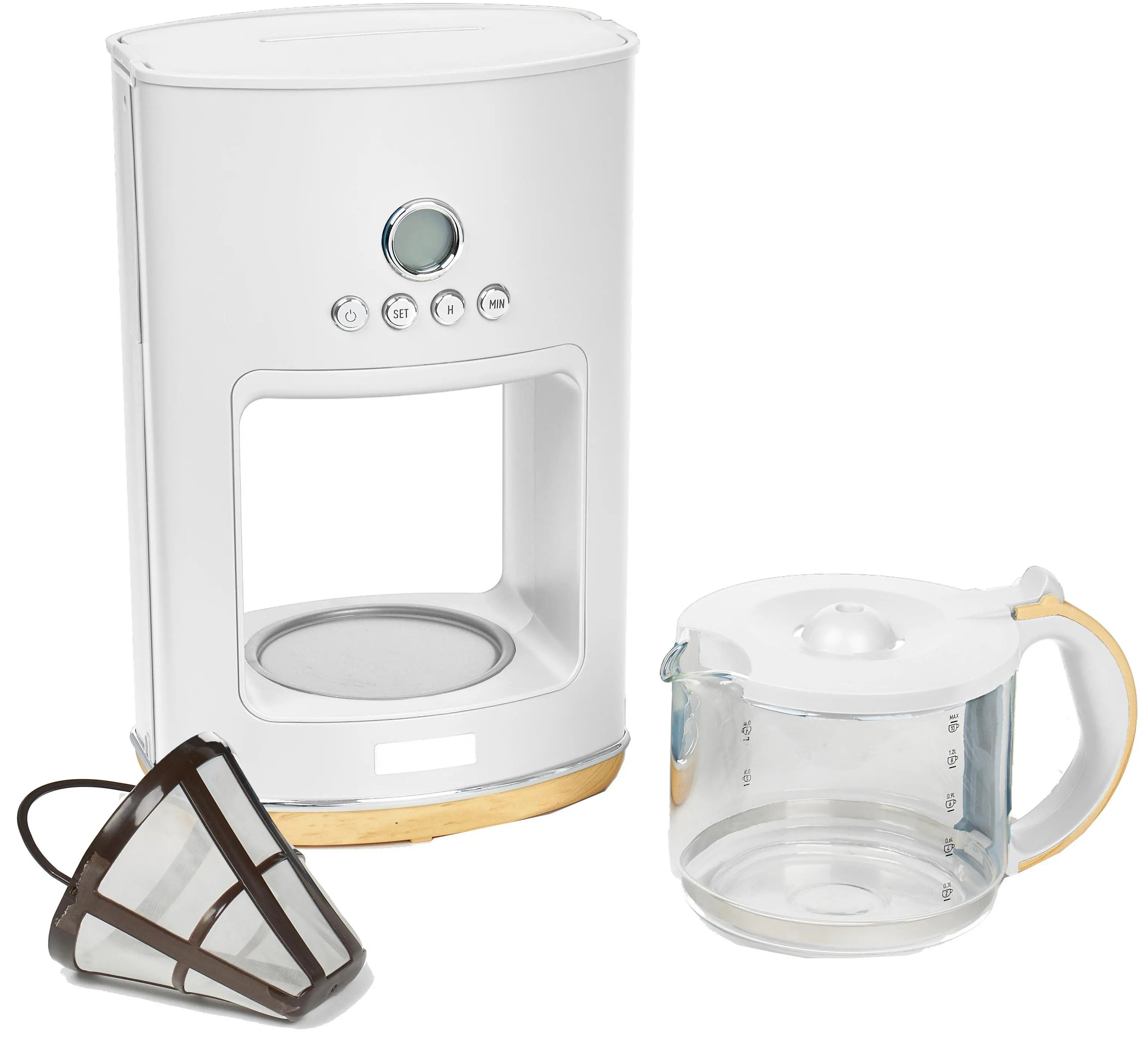 Biały ekspres do kawy z karafką, filtrem i innymi akcesoriami.