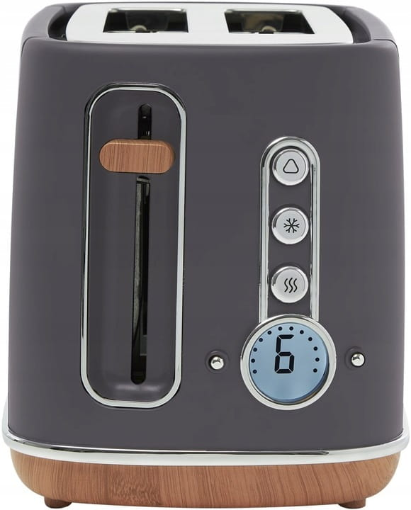 Zbliżenie na przód szarego tostera: drewniany akcent, cyfrowy timer pokazujący '6' i przyciski. Na białym tle.