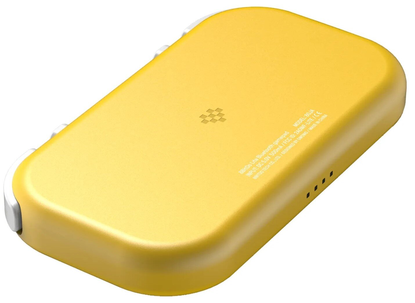 Tył żółtego kontrolera 8BitDo Lite. Pokazuje informacje o modelu i design.