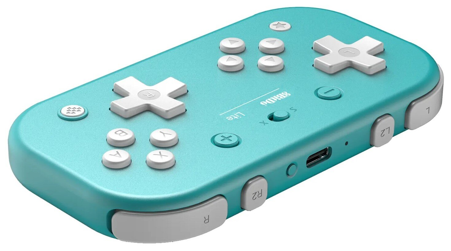 Turkusowy kontroler do gier. Przyciski: L, R, X, Y, A, B, L2, R2, pad kierunkowy, start/select i port USB.