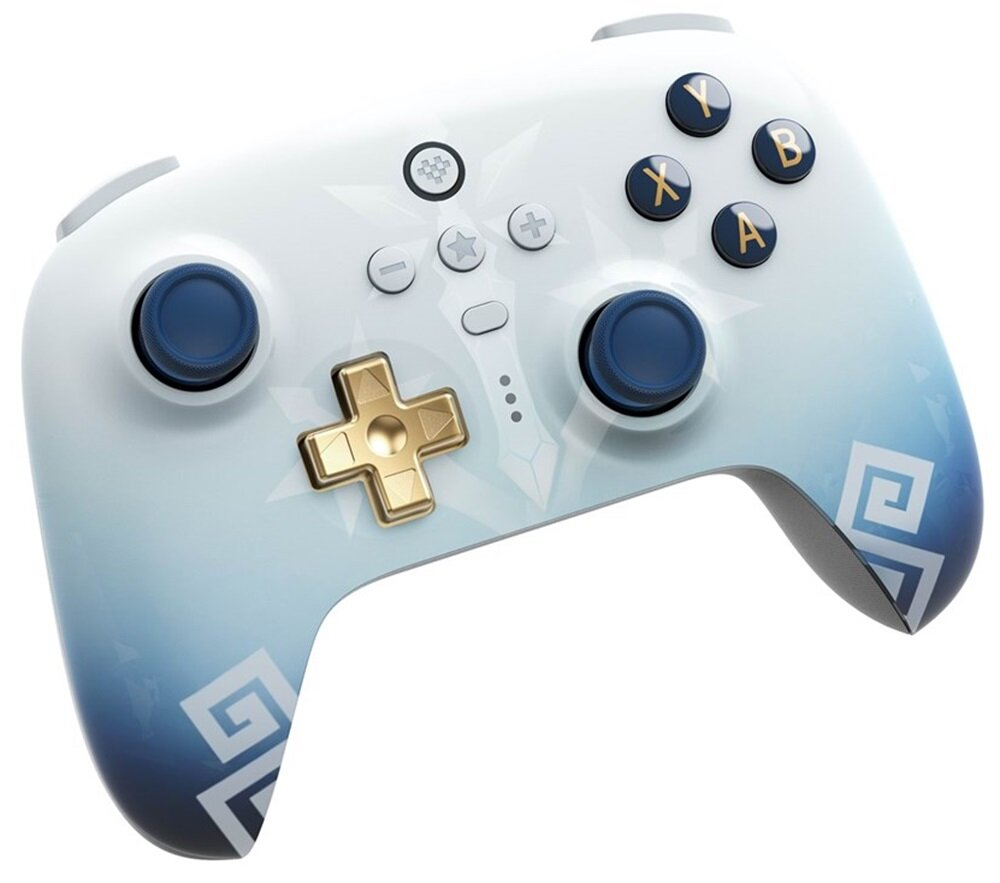 Biało-niebieski kontroler z czterema kolorowymi przyciskami, d-padem i dwoma joystickami. Design z wzorem płatków śniegu.