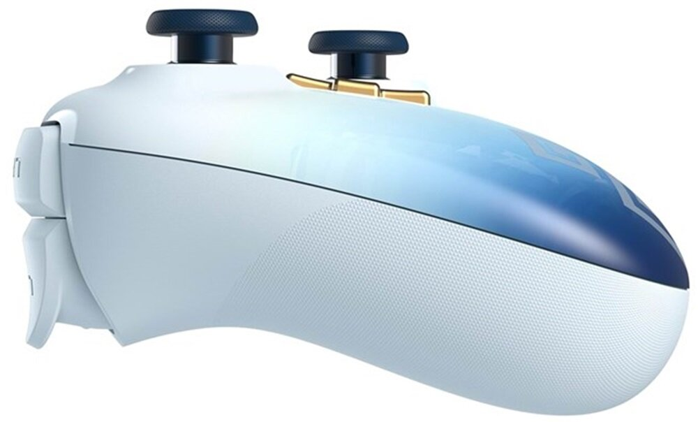 Biało-niebieski kontroler. Widok z boku z joystickiem, triggerami i wzorem płatków śniegu.