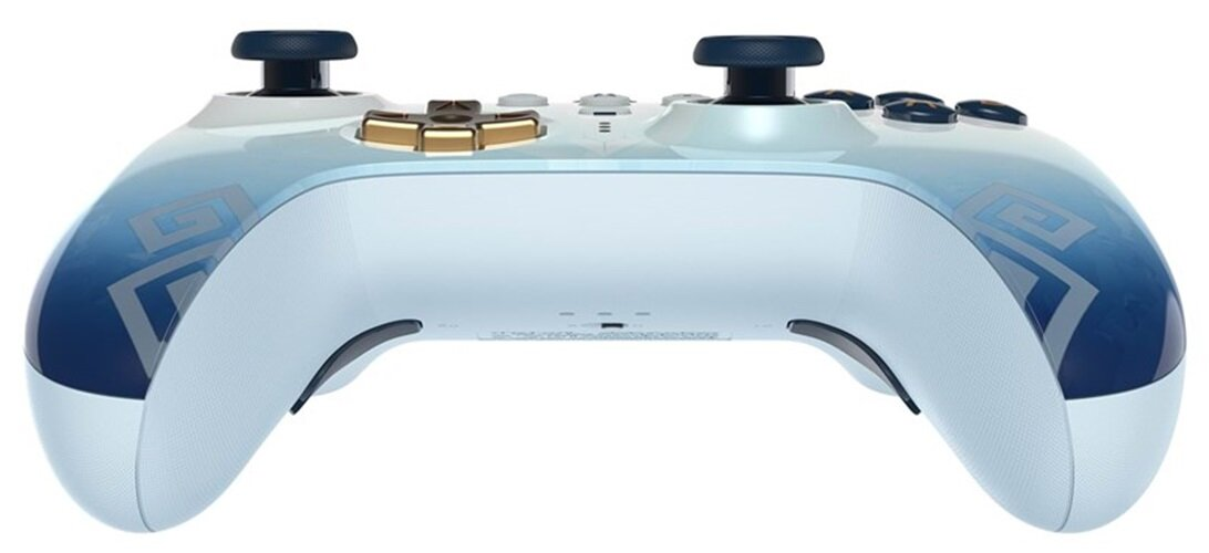 Biało-niebieski kontroler z przyciskami i joystickami. Design z wzorem płatków śniegu. Widok z tyłu kontrolera.